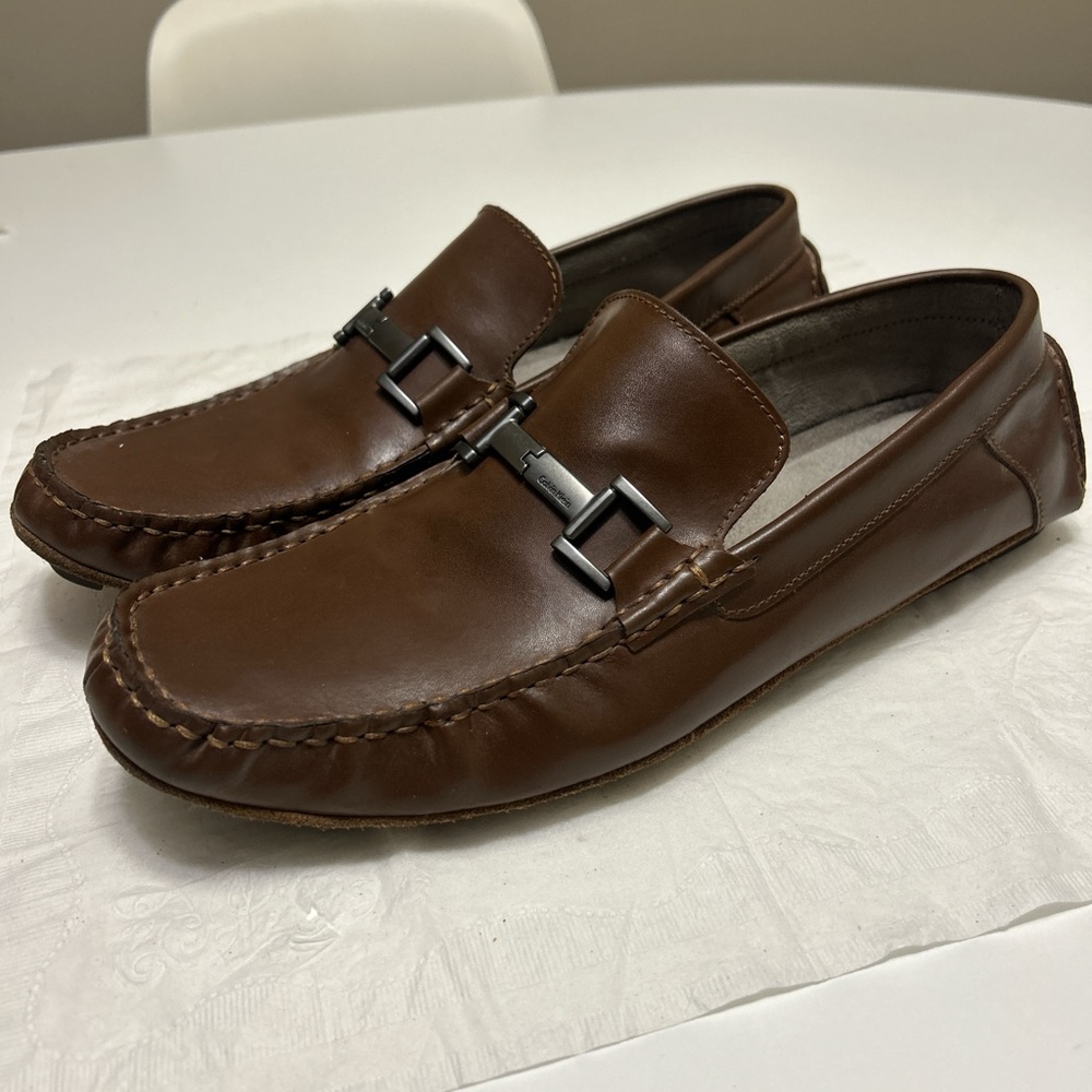 Men’s Calvin Klein brown leather loafers slip on with buckle detail size 10.5